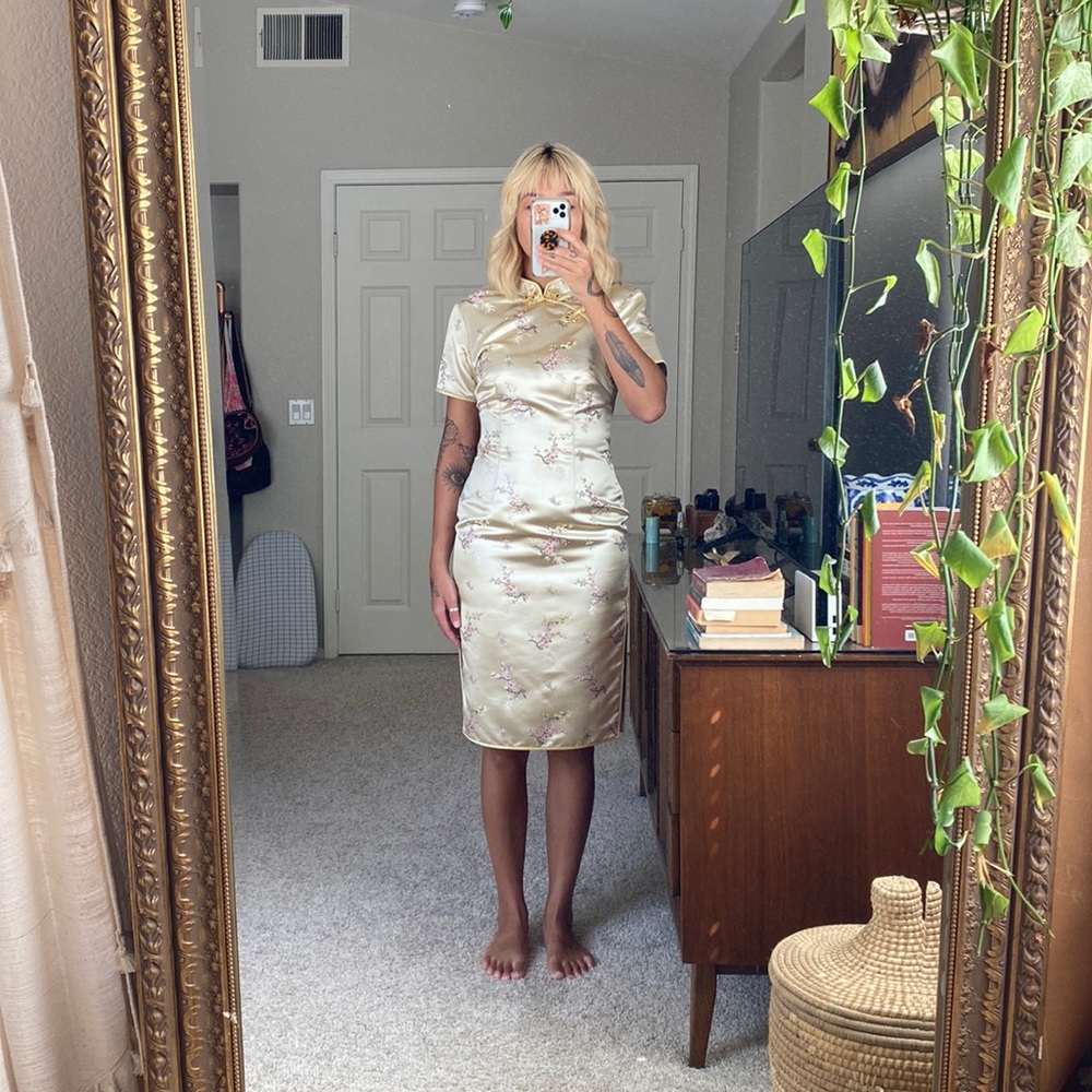 Vintage Cheongsam Dress - Light Beige Floral - Large